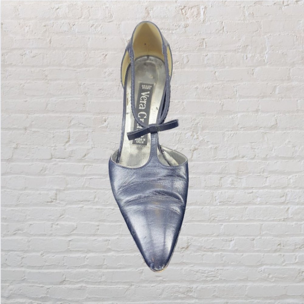 VINTAGE VERA CRUZ -- Navy Blue Heels, Low Heel, Bow Detail, Made in Spain - Picture 4 of 11